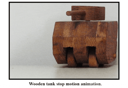 Stop motion of a toy tank.