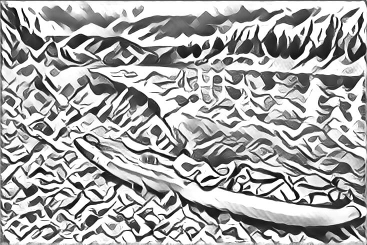 Abstract drawing of a scenic view with a kayak.