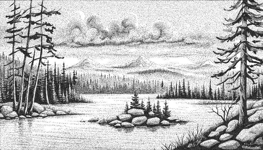 Dot drawing of a beautiful lake landscape.